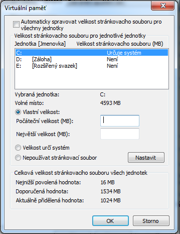 Virtuální paměť u diskové jednotky ve Windows