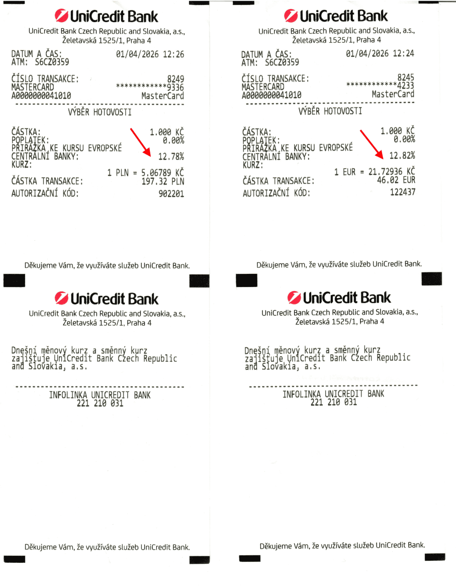 ATM UniCredit Bank. Přirážka DCC: 12,82 % EUR a 12,78 % PLN. Poplatek 0 Kč. (01. 04. 2026)
