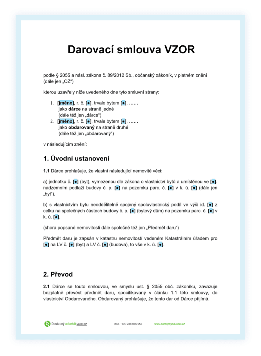 darovací smlouva vzor ke stažení
