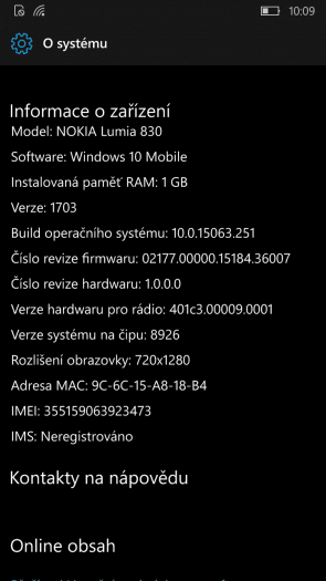 Lumia 830 s Windows 10 Mobile build 15063.251