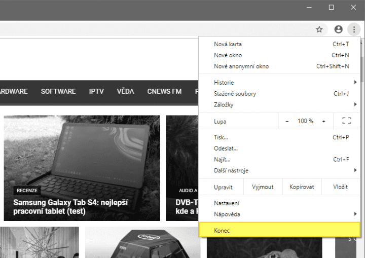 V české variantě Chromu ukončení vyvoláte klávesou K, když otevřete hlavní nabídku