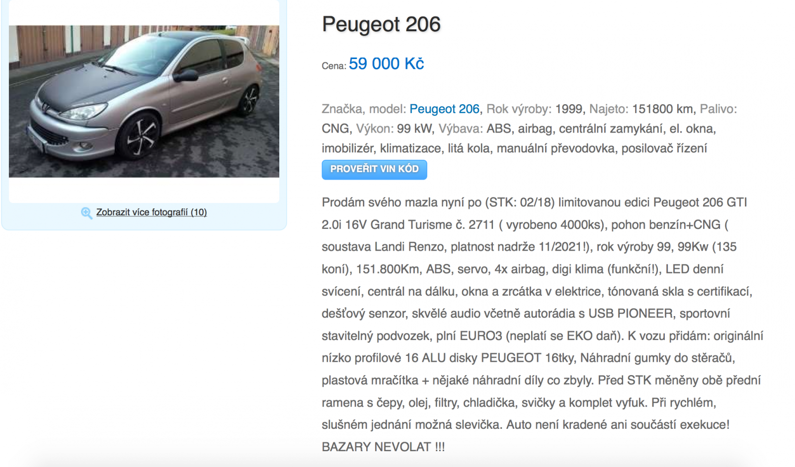 Peugeot 206, Avízo.cz, soukromý inzerent, kilometry neověřeny