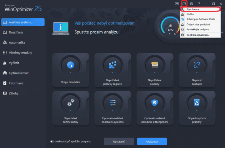 Aktivace plné verze Ashampoo WinOptimizer 25