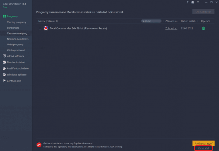 Aktivace programu IObit Uninstaller