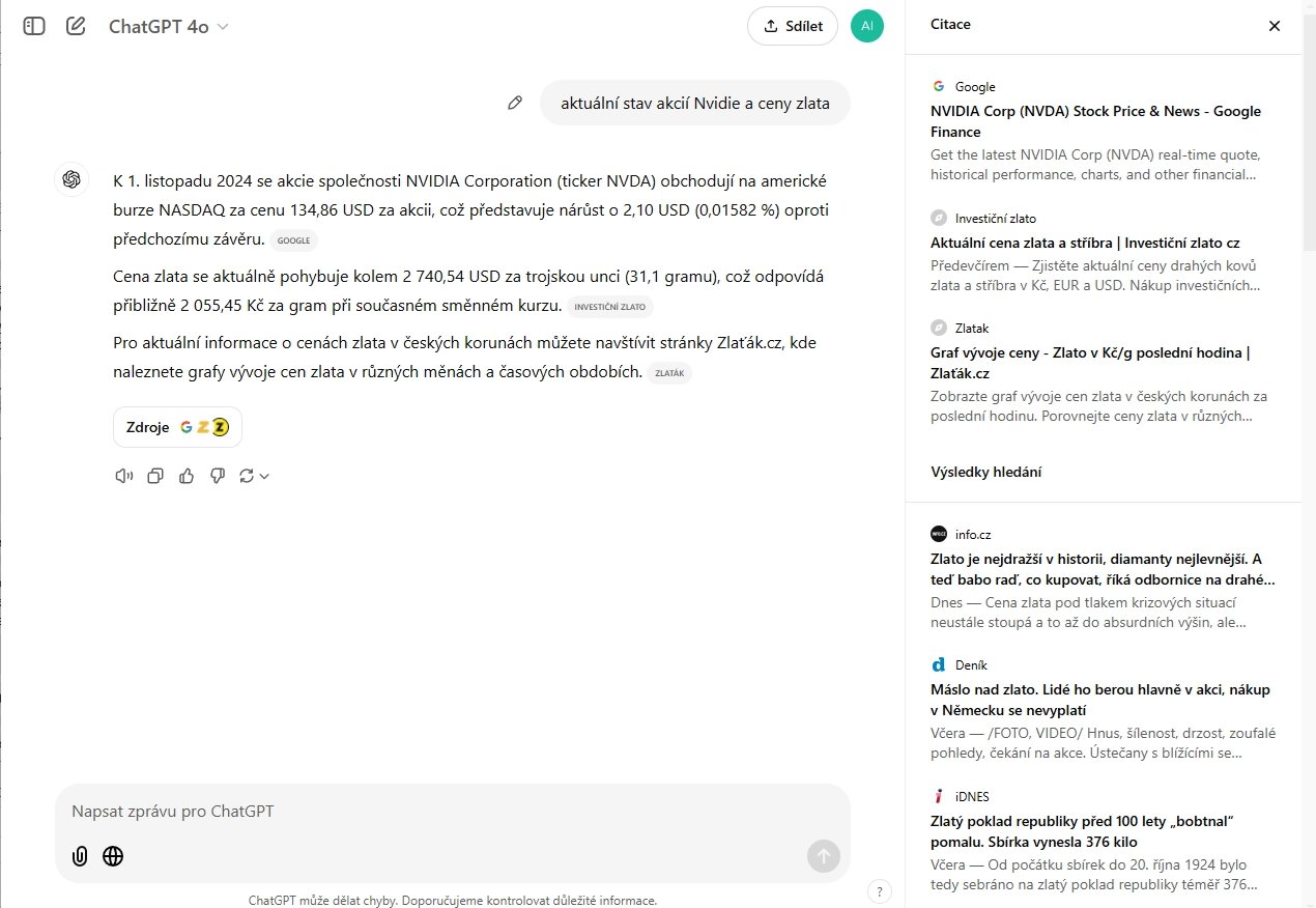 Příklad vyhledávání v ChatGPT Search