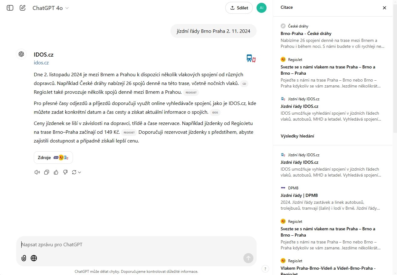 Příklad vyhledávání v ChatGPT Search