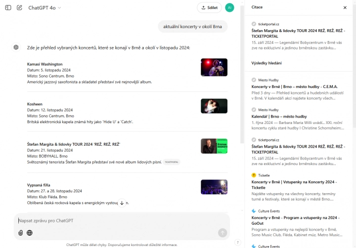 Příklad vyhledávání v ChatGPT Search