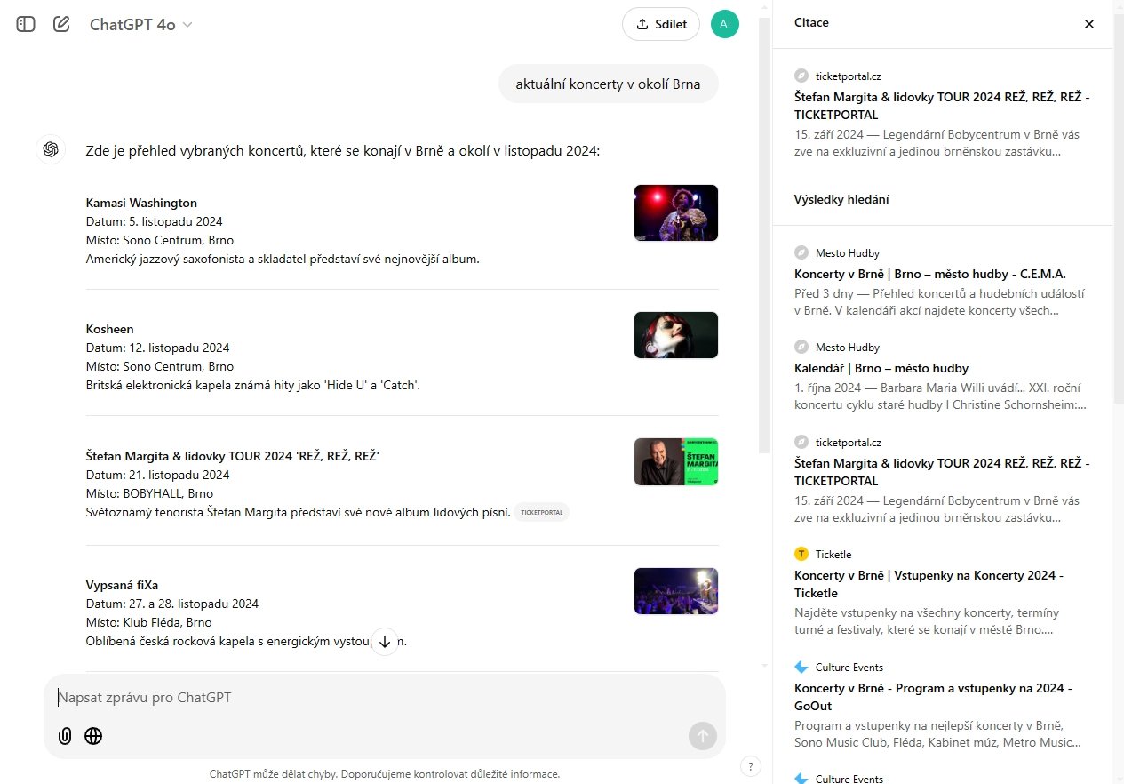 Příklad vyhledávání v ChatGPT Search