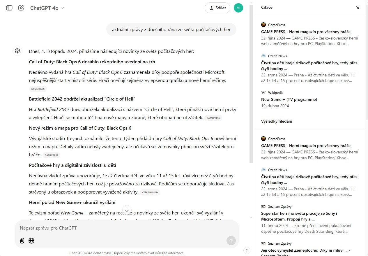 Příklad vyhledávání v ChatGPT Search