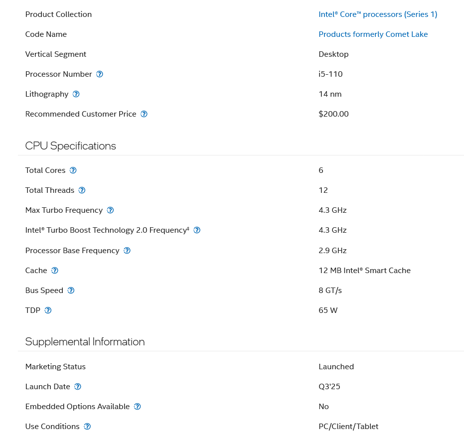 Intel Core i5-110 v databázi Intelu