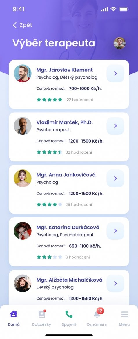 Výběr psychoterapeuta v aplikaci
