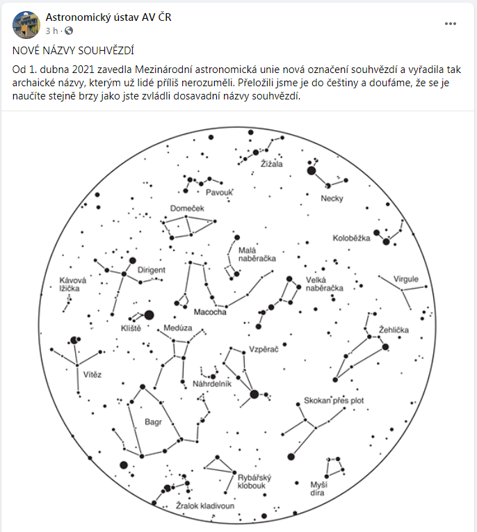 Polárka se nově  nachází nad souhvězdím Žížaly.