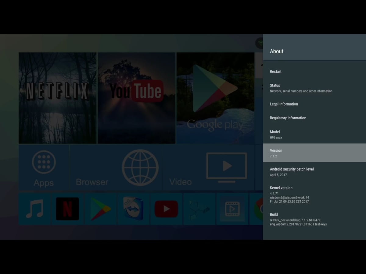 H96 Pro - Start přístroje a hlavní menu (Android Nougat)
