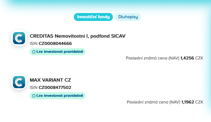 Banka CREDITAS. Pravidelné investice jsou snadno dostupné přímo z prostředí internetového bankovnictví. (07/2025)