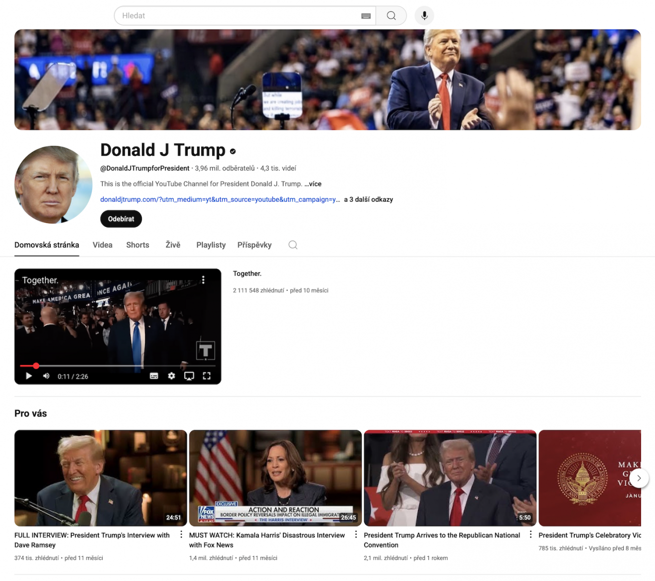 Screenshot kanálu Donalda Trumpa