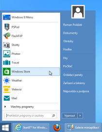 Nabídka Start je vskutku velmi podobná té z Windows 7