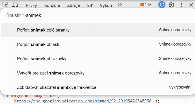 Nabídka příkazů v českých DevTools s vybranou volbou Pořídit snímek celé stránky.