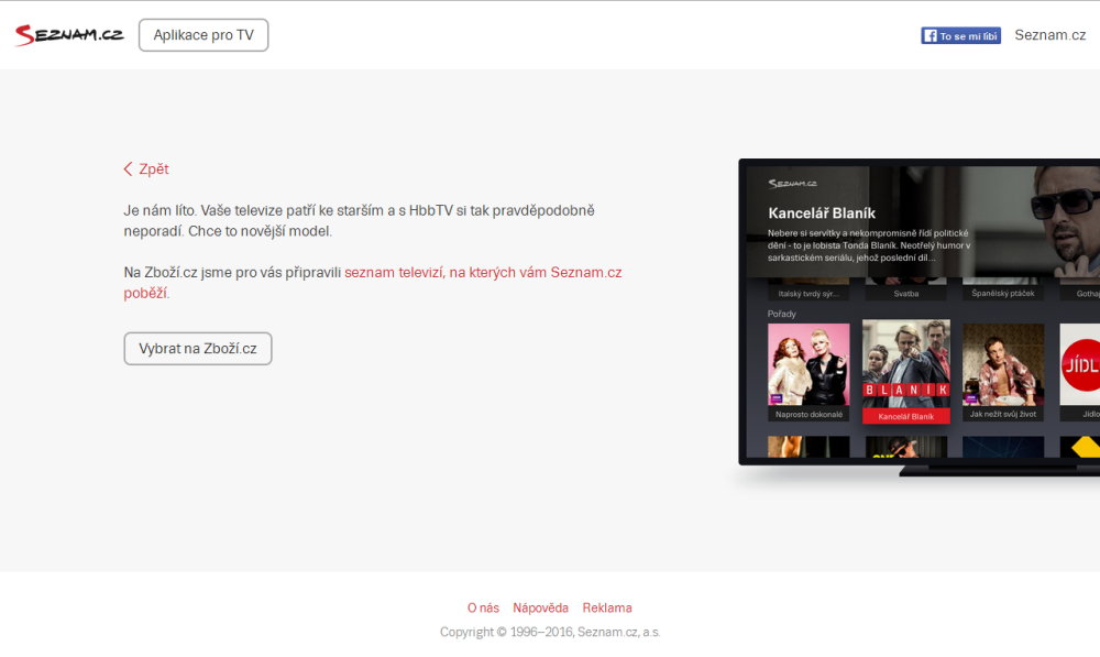 Pokud v části "Jak starou máte televizi" vyberete volbu "Více než 5 let...", skončíte zde. Opět solidní odkaz rovnou na odpovídající zboží (u mě odkaz fungoval).