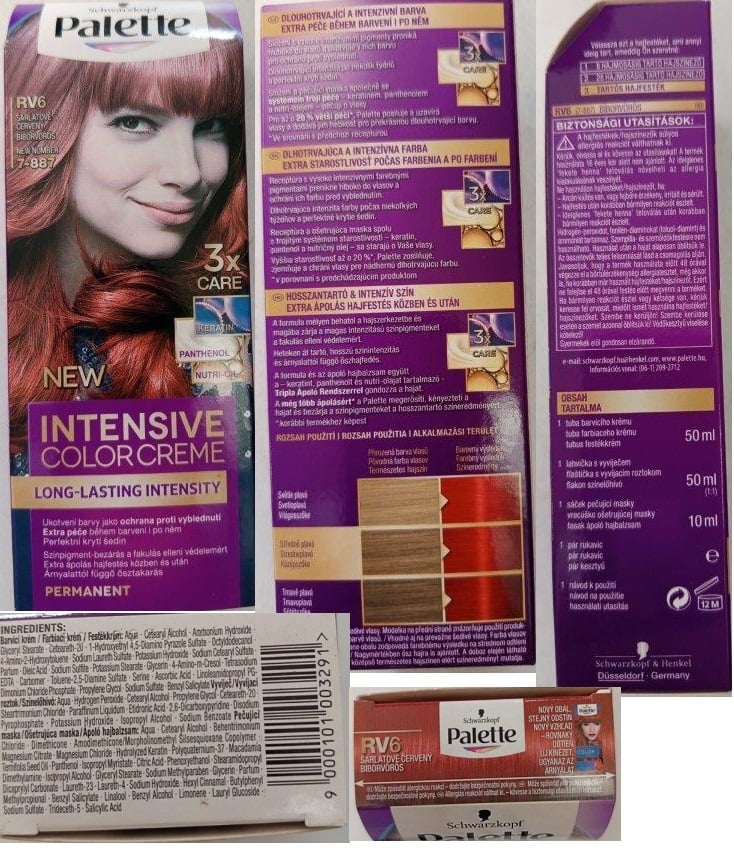 Stanovení nebezpečného výrobku: Schwarzkopf, Palette, INTENSIVE COLOR CREME, RV6 ŠARLATOVĚ ČERVENÝ, 7-887, EAN: 9000101003291