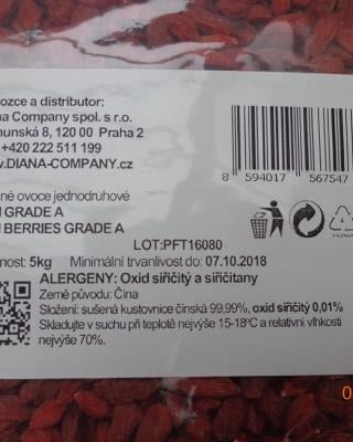 Místo kontroly: DIANA COMPANY, Praha 2.
Ve výrobku byl překročen maximální limit reziduí pesticidu carbofuranu.