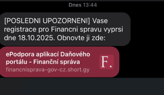 Ukázka podvodné SMS vydávající se za Finanční správu.