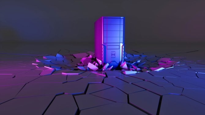 počítač spadl na podlahu a rozbil se – v neonovém osvětlení, 3D ilustrace