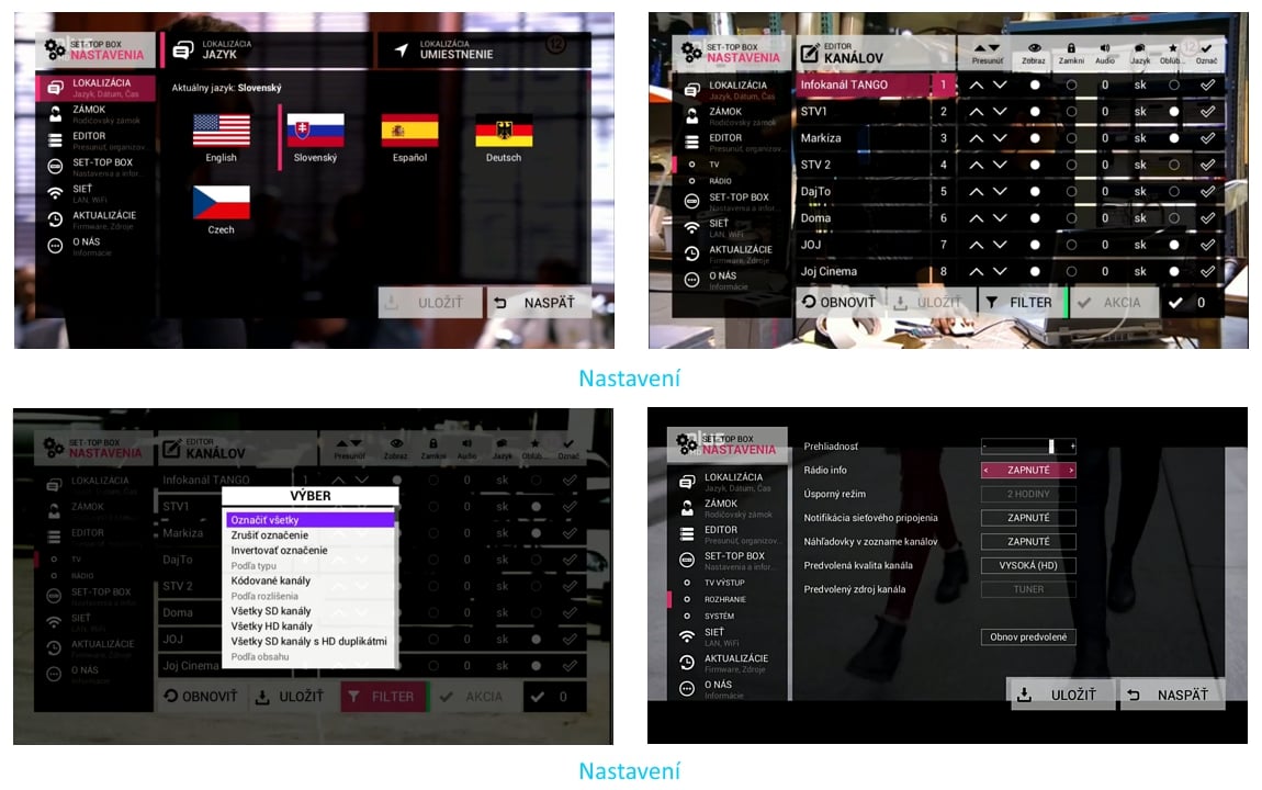 Funkce uživatelského rozhraní Antik TV verze 2.0