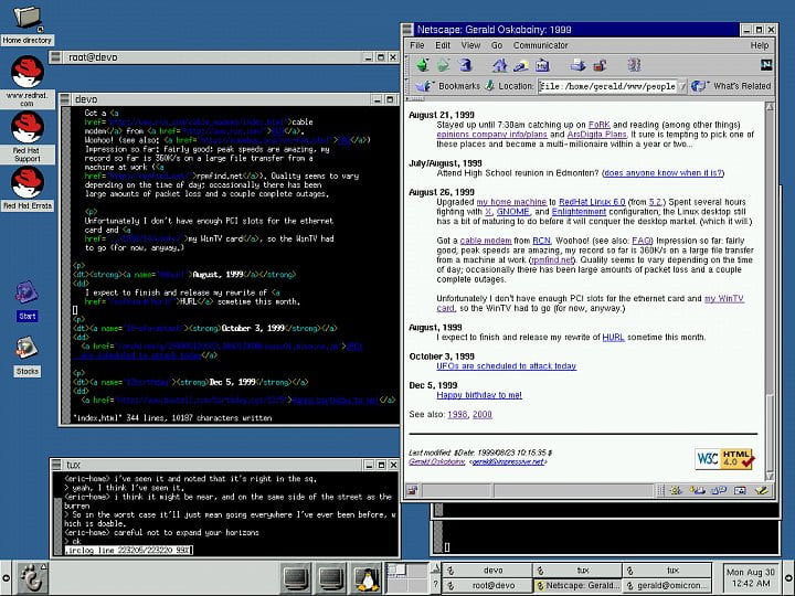 Upravený GNOME v Red Hat Linuxu 6.0 v roce 1999.