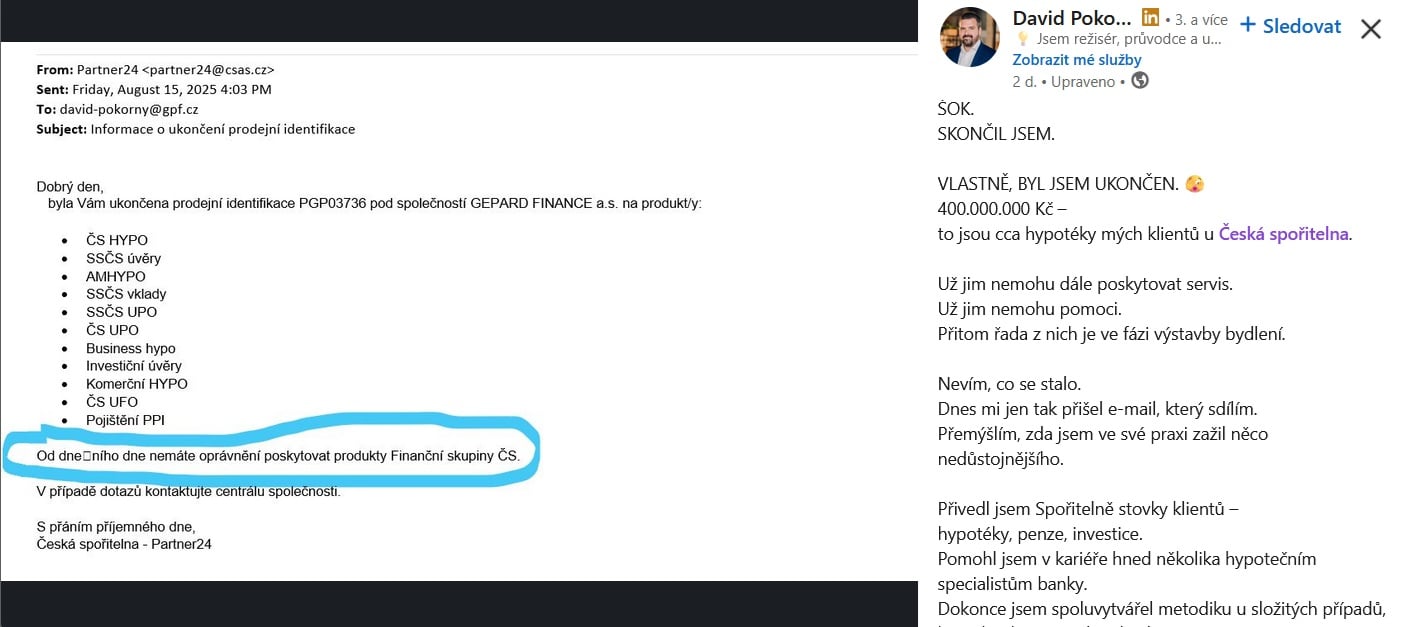 Česká spořitelna ukončila spolupráci s některými poradci Gepard Finance.