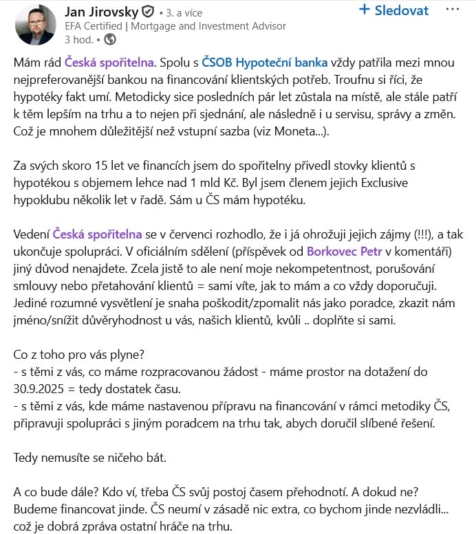 Česká spořitelna ukončila spolupráci s některými poradci Gepard Finance.