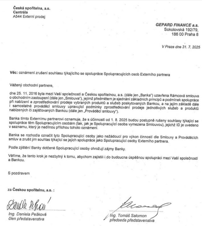 Česká spořitelna ukončila spolupráci s některými poradci Gepard Finance.