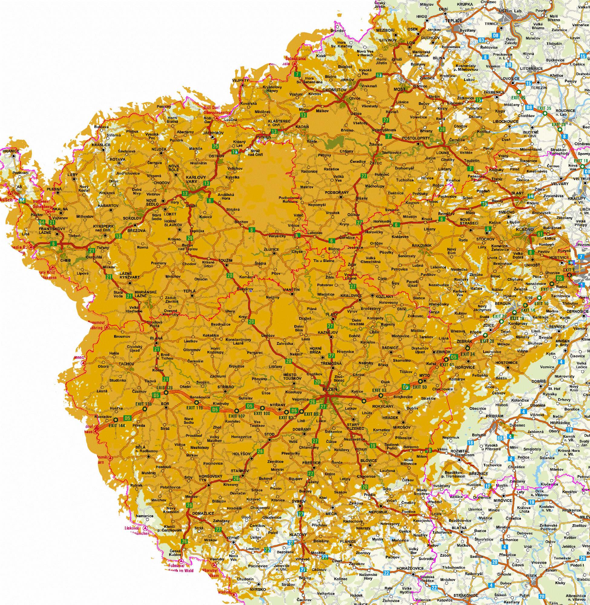 Orientační pokrytí televizním signálem z vysílače Krašov (DVB-T2 Multiplex 21)