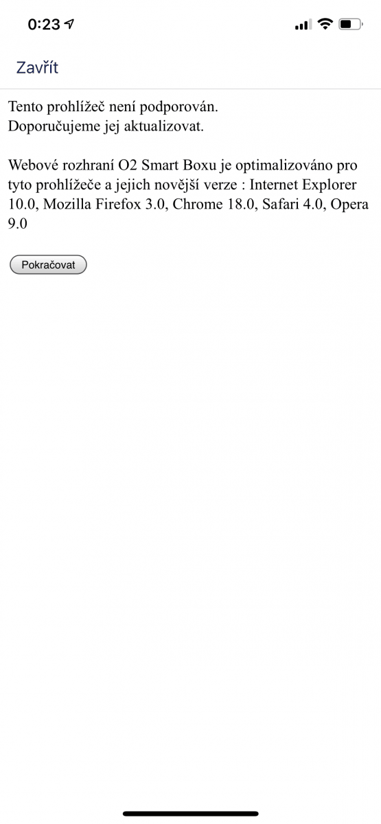 Prohlížeč vestavěný v mobilní aplikaci není samotným routerem podporován