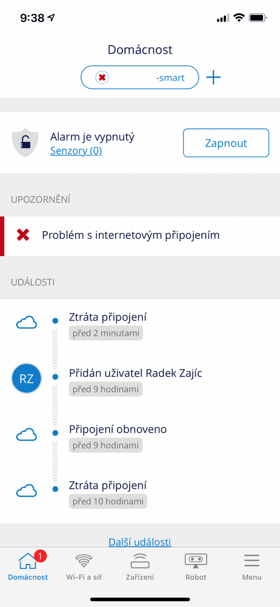 Nedostupné připojení - signalizace v aplikaci