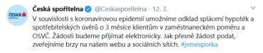 Česká spořitelna oznámila možnost odložit si splátky svým kleientům i na twitteru. (13. 3. 2020)