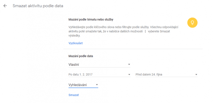 Google smazání historie vyhledávání