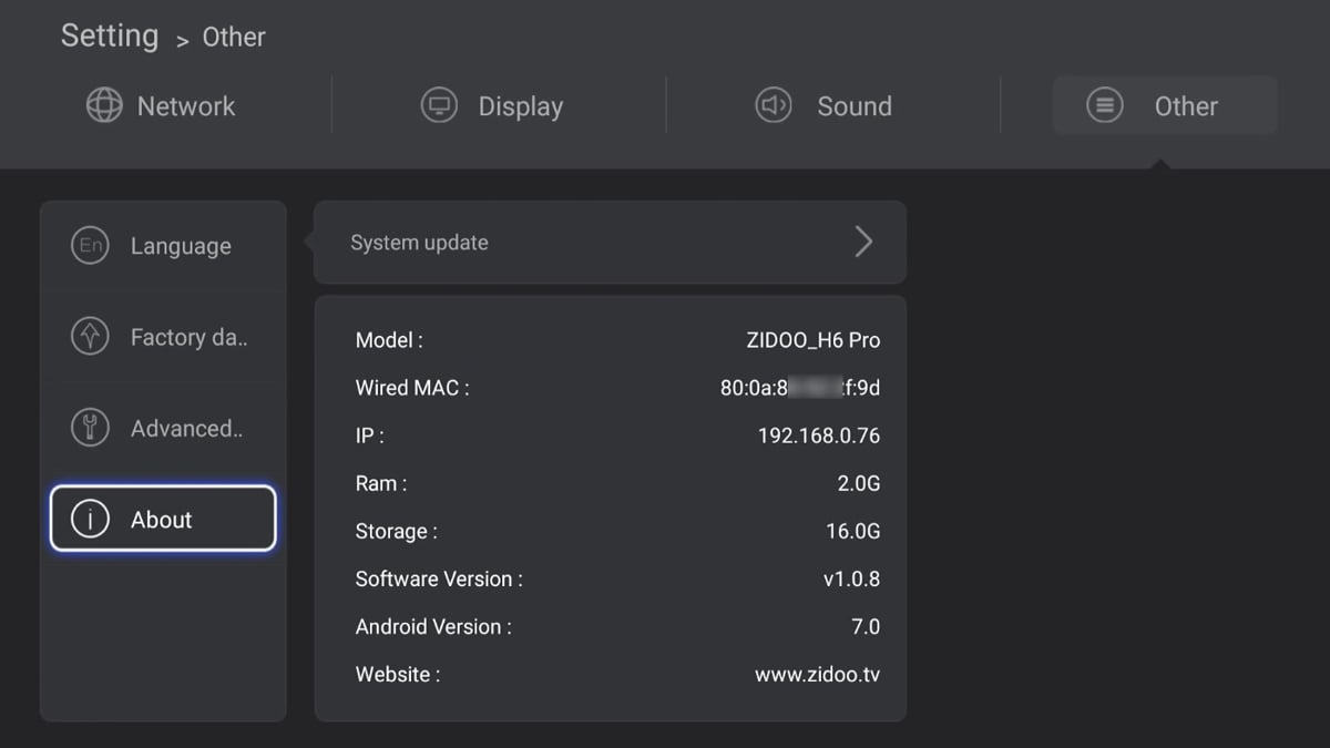 Zidoo H6 Pro - Uživatelská nastavení – základní 2/2