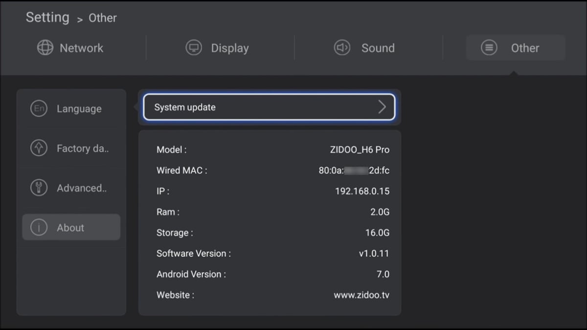 Zidoo H6 Pro - Uživatelská nastavení – základní 2/2