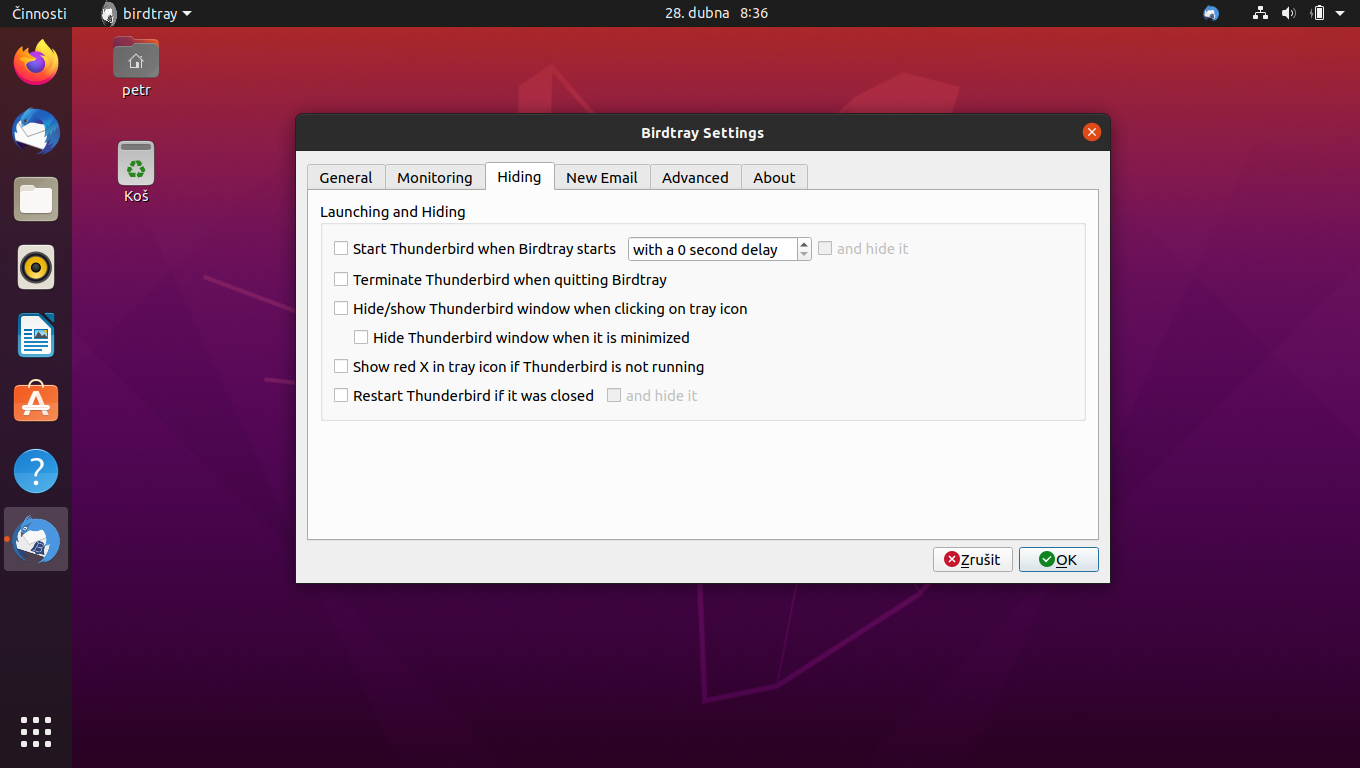 Birdtray: Thunderbird v oznamovací oblasti