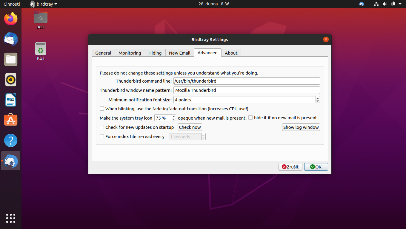 Birdtray: Thunderbird v oznamovací oblasti