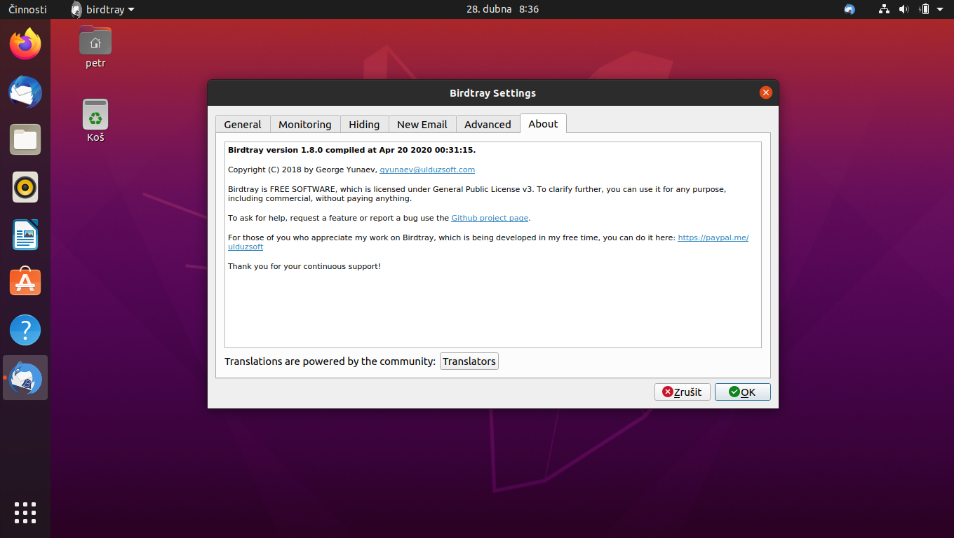 Birdtray: Thunderbird v oznamovací oblasti