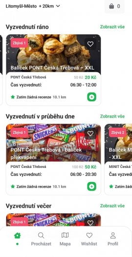 Ukázka nabídky balíčků v aplikaci Nesnězeno v České Třebové.