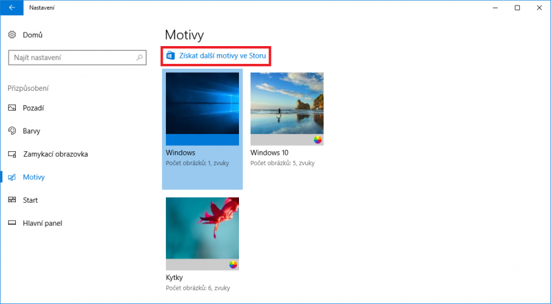 Klepnutím na odkaz Získejte další motivy ze Storu se dostanete ke spoustě motivů určených pro Windows 10