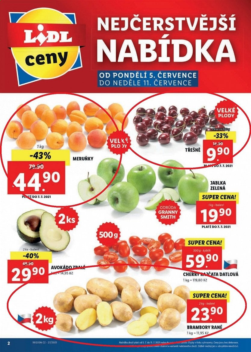 Nabídka ovoce a zeleniny v letácích z roku 2021 a 2022