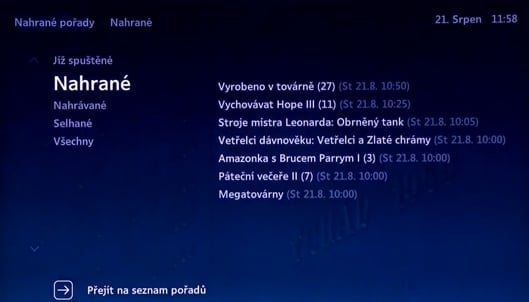 Uživatelské prostředí O2 TV – Nahrávání