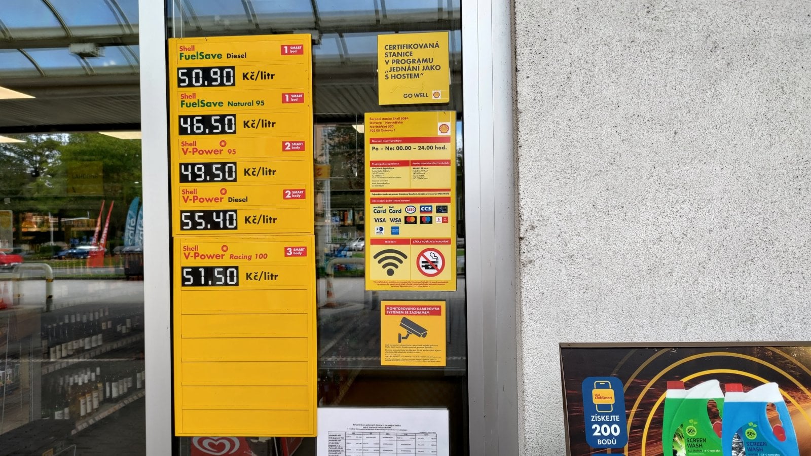 Ceny pohonných hmot v neděli 20. 09. 2026. Čerpací stanice Shel, Novinářská, Ostrava.