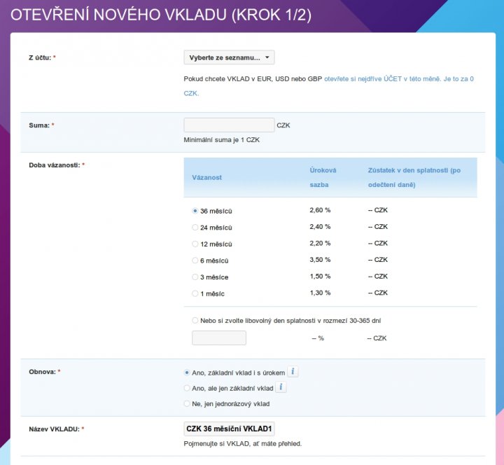 Otevření nového vkladu
