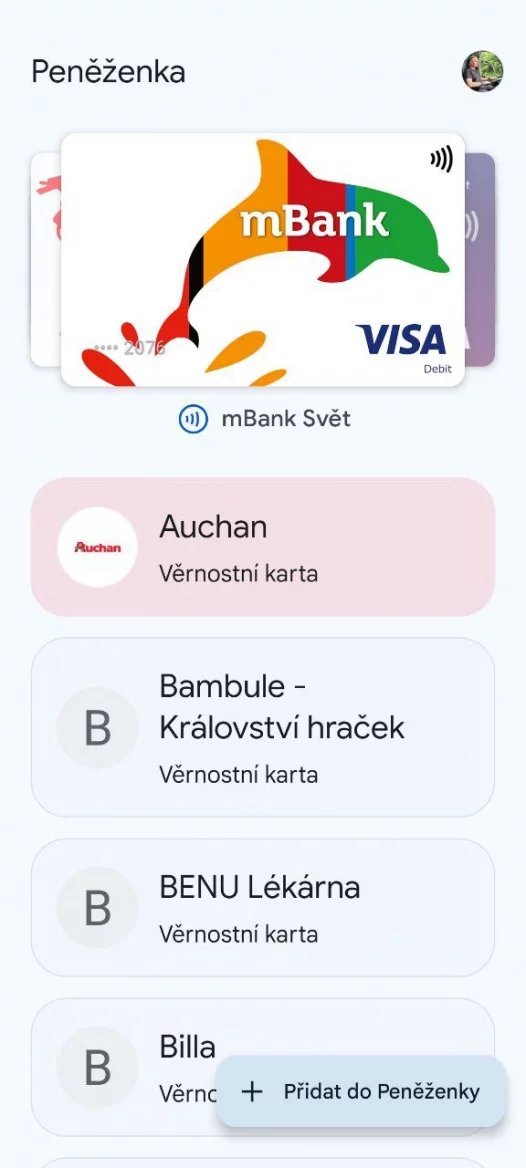 Peněženka Google Pay v mobilu. (14. 11. 2023)