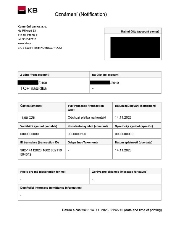 Odchozí platba na kontakt na potvrzení v PDF z KB. Tady název příjemce chybí. (14. 11. 2023)