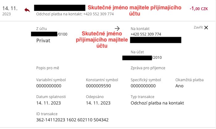 Odchozí platba na kontakt v historii IB v KB. Zobrazuje se název příjemce platby. (14. 11. 2023)